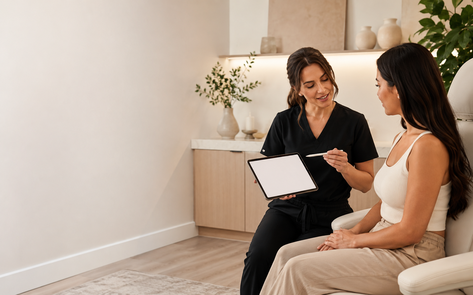 Clean medspa consultation room with laser hair removal education materials, no procedure shown