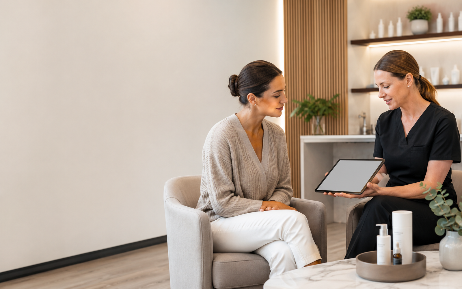 Calm medical spa consultation setting prepared for a provider discussion